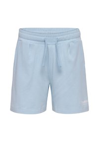Helle blaue Baumwollshorts mit einem elastischen Taillenbund, Kordelzug und zwei seitlichen Taschen. Verfügt über ein kleines weißes Logo unten rechts.