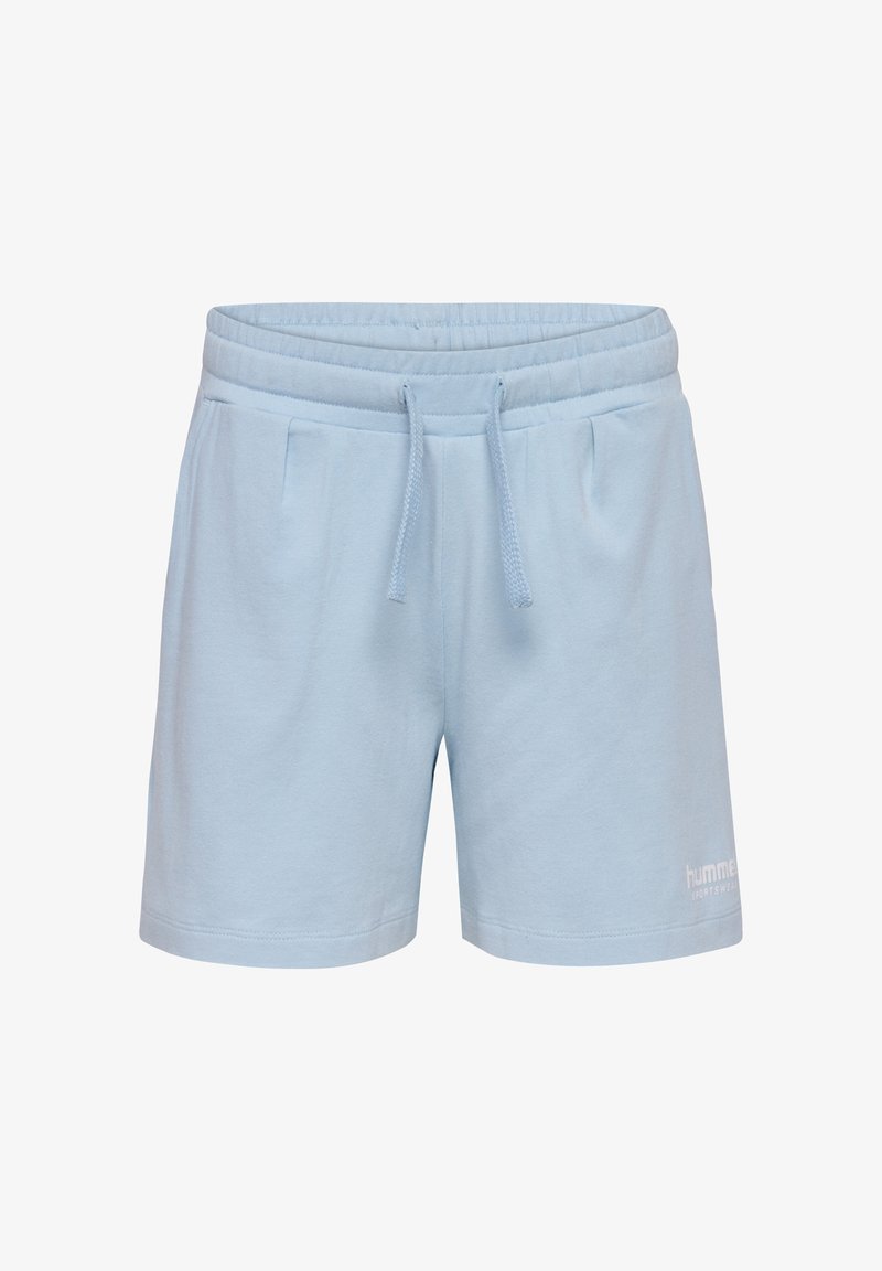 Shorts en coton bleu clair avec une taille élastique, un cordon de serrage et deux poches latérales. Présente un petit logo blanc en bas à droite.