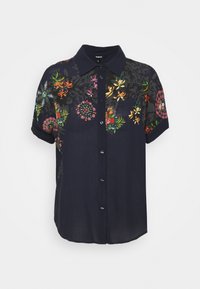 Camicia navy a maniche corte con bottoni, caratterizzata da un ricamo floreale colorato sul davanti e una finitura in tessuto testurizzato.