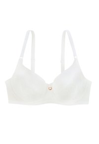 Soutien-gorge en dentelle blanche avec des bonnets moulés, des bretelles réglables, et un détail en anneau doré au centre. Tissu doux avec une texture lisse.