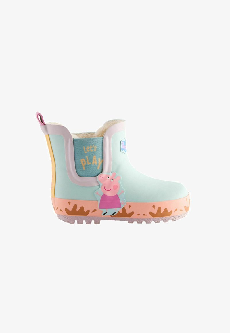 Groene en roze waterdichte rubberen laars met een Peppa Pig ontwerp, voorzien van een "Laten we spelen" boodschap en een gestructureerde buitenzool voor grip.