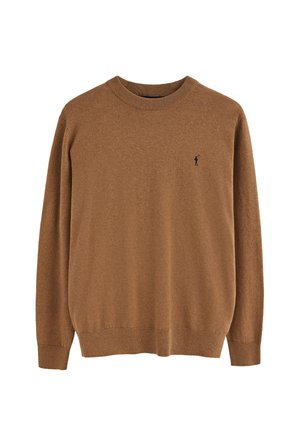 Brązowy sweter z dzianiny z okrągłym dekoltem, długimi rękawami i małym czarnym logo na piersi. Miękka tekstura oraz ściągacze na rękawach i u dołu.