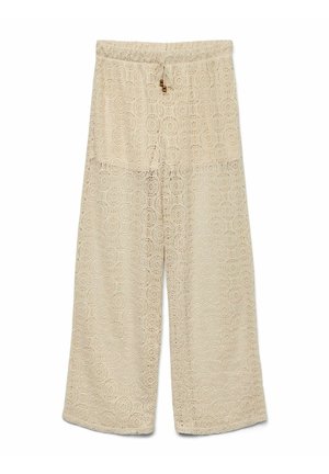 Beige haakbroek met een wijde pijp ontwerp, voorzien van een elastische tailleband en decoratieve kraaldetails aan de koord.