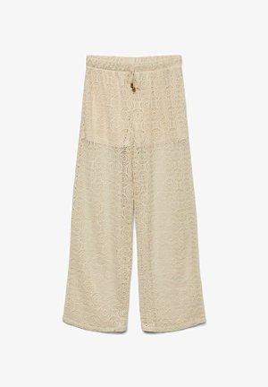 Beige haakbroek met een wijde pijp ontwerp, voorzien van een elastische tailleband en decoratieve kraaldetails aan de koord.