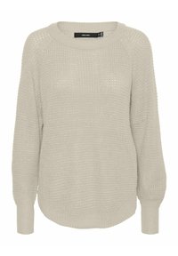 Pull en tricot gris clair avec un motif gaufré texturé. Il présente un col rond et des manches longues légèrement bouffantes.