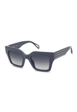 Gafas de sol cuadradas negras extragrandes con lentes degradados y varillas con tachuelas que presentan un pequeño logo metálico decorativo.