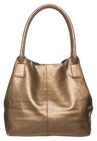 Borsa in pelle bronzo metallico con due manici a spalla e un corpo spazioso, leggermente stropicciato.