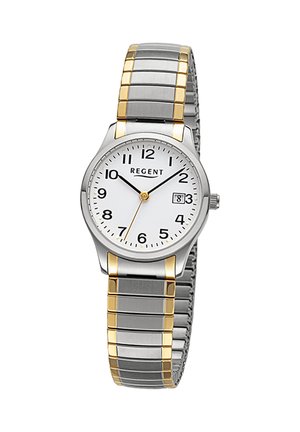 Montre analogique avec cadran blanc, chiffres noirs, aiguille des secondes dorée, fenêtre de date et bracelet métallique extensible argenté et doré.