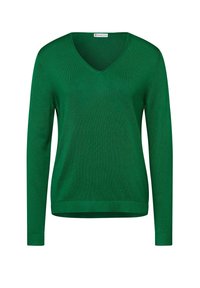 Pull vert à manches longues avec col en V, en matière tricotée douce. Caractérisé par une texture côtelée et un ourlet droit, adapté à un usage décontracté.