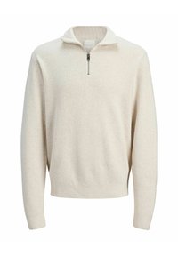 Svijetlosmeđi, zip-up kaput s visokim ovratnikom i dugim rukavima; teksturirana tkanina s mekanim, pletenim izgledom. Jednostavan dizajn bez uzoraka.
