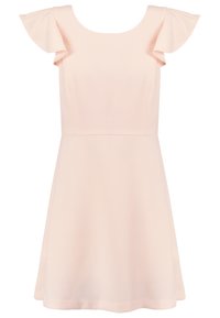 Bledě růžové šaty s krátkými, zvlněnými rukávy, kulatým výstřihem a rozšířenou sukní. Vyrobené z hladkého, lehkého materiálu.