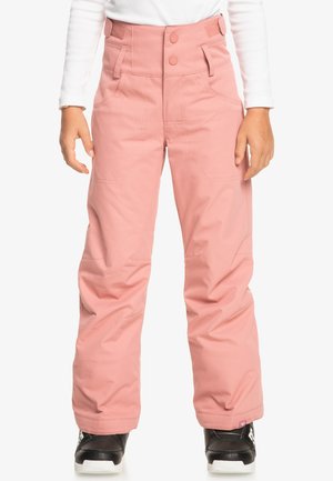 Pantalons de neige roses avec une taille haute, deux poches avant et des boutons de fermeture. Fabriqués en matériau imperméable, dotés d'une coupe décontractée et d'un léger éclat.