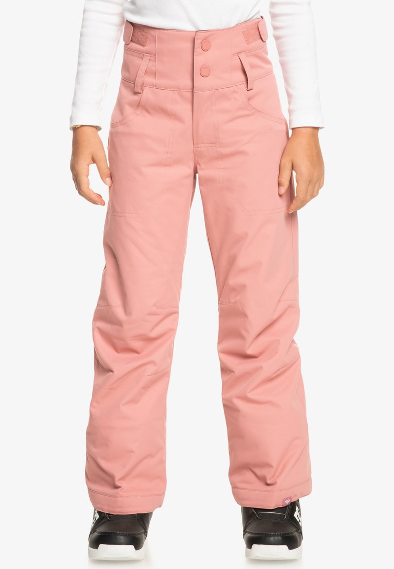 Pantalons de neige roses avec une taille haute, deux poches avant et des boutons de fermeture. Fabriqués en matériau imperméable, dotés d'une coupe décontractée et d'un léger éclat.