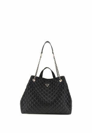 Sac à main en cuir matelassé noir avec chaîne et double bandoulière en cuir, orné d'un logo de marque métallique triangulaire au centre avant.