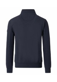 Marineblauw gebreid sweatshirt met een hoge kraag, lange mouwen, geribde boorden en zoom. Beschikt over een gemêleerd stofpatroon door het hele kledingstuk.