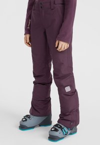  Paarse skibroek met een gladde textuur, voorzien van twee knoopsluitingen, een logopatch, en gecombineerd met grijze skischoenen met turquoise accenten.