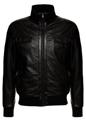 Veste en cuir noire avec col, poignets et ourlet côtelés, fermeture éclair devant, et deux poches poitrine à rabat.