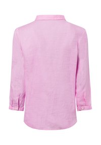 Roze linnen shirt, lange mouwen, met kraag en een afgeronde zoom, voorzien van knoopsluitingen bij de mouwmanchetten en een zachte, gestructureerde afwerking.