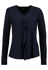 Mörkblå långärmad topp med V-ringning, som har en draperad design framtill och en mjuk, lätt textur.