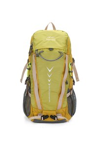 Zaino da trekking giallo e grigio con finitura testurizzata, numerosi scomparti, tasche laterali in rete e accenti riflettenti. Inclusi cinturini regolabili.