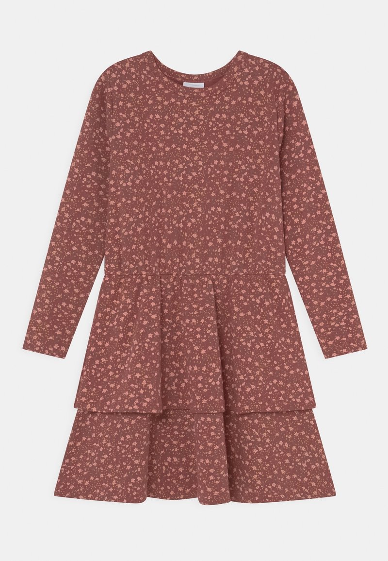 Langärmliges Kleid aus weinrotem Stoff mit floralem Muster in Hellrosa. Verfügt über ein gestuftes Design und einen runden Ausschnitt. Weiche Textur.