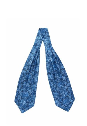 Blå silke slips med et paisley-mønster i forskellige nuancer af blå og hvid, med en glat tekstur og design med spids ende.