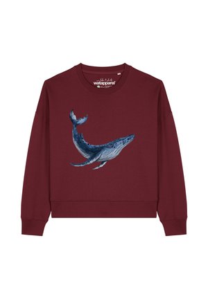 Bordeauxfarbener Sweatshirt mit einem Grafikdruck eines Blauwals; lange Ärmel, runder Halsausschnitt und lockere Passform. Glatte Textur mit geripptem Saum und Bündchen.