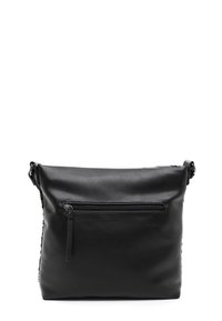 Sac besace en cuir noir avec une poche zippée horizontale à l'avant, une bandoulière réglable et une finition lisse, présenté sur un fond blanc.