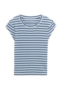Gestreistes T-Shirt mit kurzärmeligen, hellblau, marineblau und schwarzen horizontalen Streifen, aus einem weichen, gerippten Stoff mit Rundhalsausschnitt.