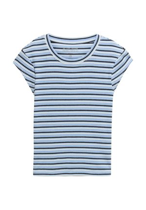 Gestreistes T-Shirt mit kurzärmeligen, hellblau, marineblau und schwarzen horizontalen Streifen, aus einem weichen, gerippten Stoff mit Rundhalsausschnitt.