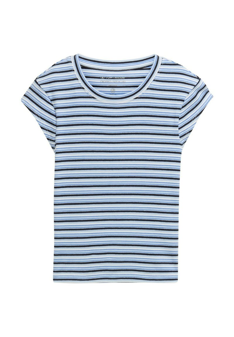 Gestreistes T-Shirt mit kurzärmeligen, hellblau, marineblau und schwarzen horizontalen Streifen, aus einem weichen, gerippten Stoff mit Rundhalsausschnitt.