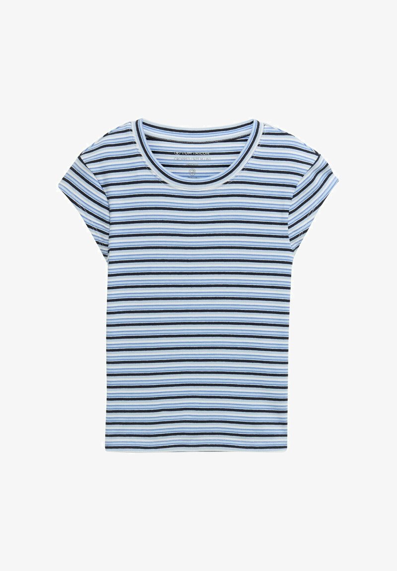 Gestreistes T-Shirt mit kurzärmeligen, hellblau, marineblau und schwarzen horizontalen Streifen, aus einem weichen, gerippten Stoff mit Rundhalsausschnitt.