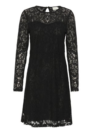 Sort blondekjole med lange ærmer, med en rund halsudskæring og en nøglehulldetalje på ryggen. Blomsterdesign over det hele, over knæ længde.