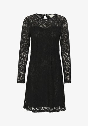 Sort blondekjole med lange ærmer, med en rund halsudskæring og en nøglehulldetalje på ryggen. Blomsterdesign over det hele, over knæ længde.