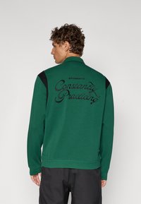 Grønn hettegenser med svarte skulderdetaljer, med brodert tekst "STUDENTER Øver Konstant" på baksiden. Blandingsmateriale av bomull.