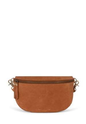 Brown leather pouch with a rounded shape, zipper closure, and textured surface. Features metal hardware and a small tassel detail.
