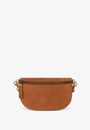 Braune Leder-Tasche mit runder Form, Reißverschlussverschluss und strukturiertem Oberflächen. Verfügt über Metallbeschläge und ein kleines Quasten-Detail.