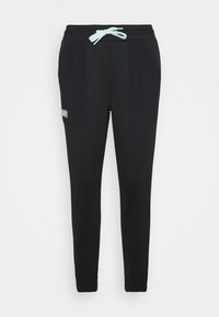 Pantalones deportivos negros con cordón en la cintura en azul claro. Presentan bolsillos laterales y una tela suave y ligera. Diseño clásico ajustado.