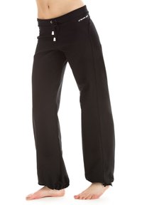 Black sweatpants with a drawstring waist, elastic cuffs, and side pockets. Made from a smooth, stretchy fabric for comfort.