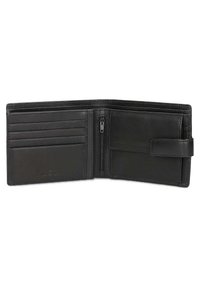 Portafoglio in pelle nera con più scomparti per carte, tasca per monete con zip e logo del marchio impresso. Presenta una texture liscia e una chiusura sicura.
