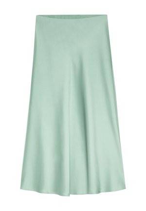 Jasnozielona, satynowa spódnica do kolan z rozszerzanym dołem i gładką fakturą, przedstawiona na białym tle.