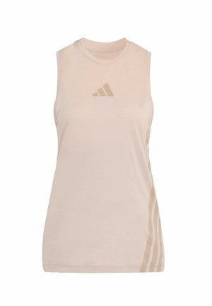 Beige sleeveless athletic tank top with crew neck, featuring a small logo on the chest and three stripes along one side.