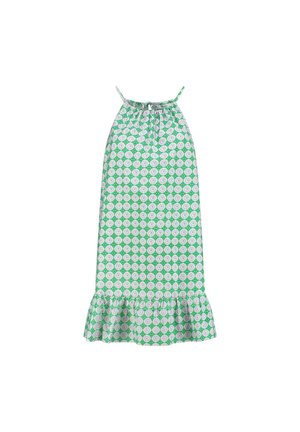 Green and white patterned sundress with adjustable straps, gathered neckline, and a flared ruffle hem. Made from lightweight fabric.
