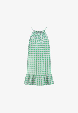 Zelené a biele vzorované slnečné šaty s nastaviteľnými ramienkami, nariaseným výstrihom a rozšíreným volánovým lemom. Vyrobené z ľahkého materiálu.