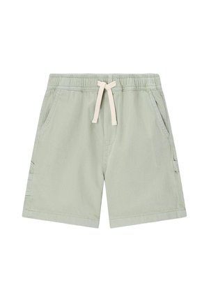 Shorts en coton vert clair avec taille élastique et cordon blanc, avec poches latérales et coupe décontractée.