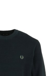 Donkergroen gemêleerd sweater met een geribbelde structuur, met een ronde halslijn en een klein geborduurd logo op de borst.