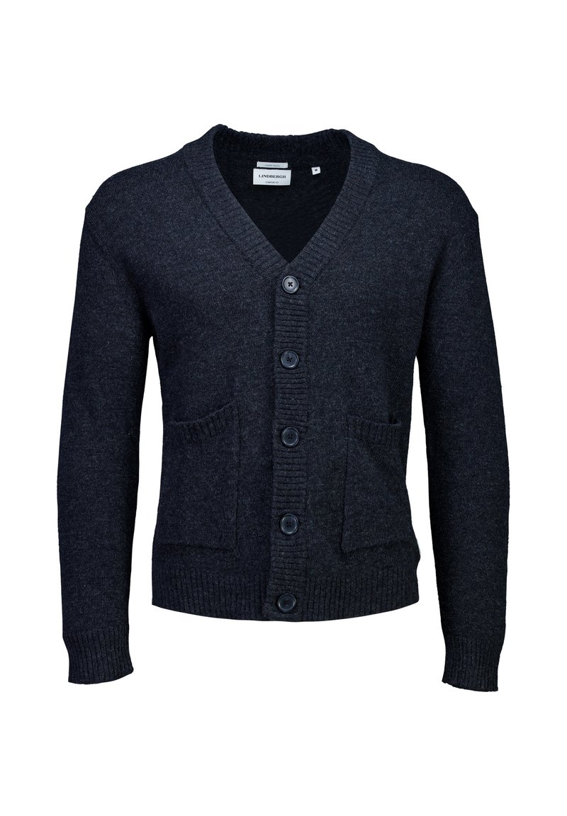 Donkergrijze gebreide cardigan met een V-hals, geribde boorden, zes knopen aan de voorkant en twee zakken aan de voorkant, gemaakt van zachte, gestructureerde stof.