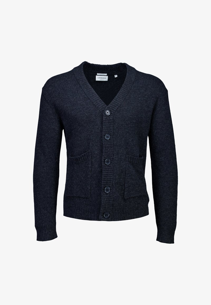 Dunkelgraue gestrickte Strickjacke mit V-Ausschnitt, gerippten Bündchen, sechs Vorderknöpfen und zwei Fronttaschen, aus weichem, textured Stoff.