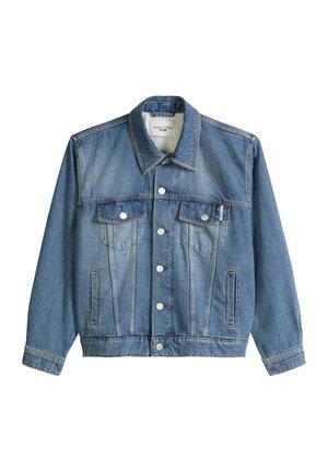 Veste en denim bleu avec col, fermeture à boutons, deux poches poitrine à rabats et deux poches latérales, étiquetée Marc O'Polo Denim.