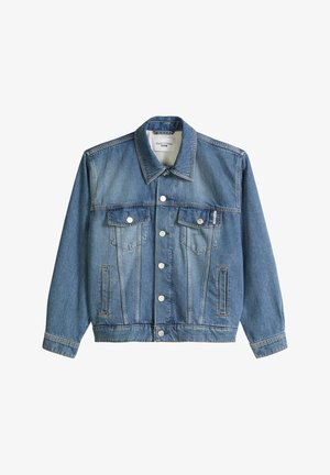 Veste en denim bleu avec col, fermeture à boutons, deux poches poitrine à rabats et deux poches latérales, étiquetée Marc O'Polo Denim.